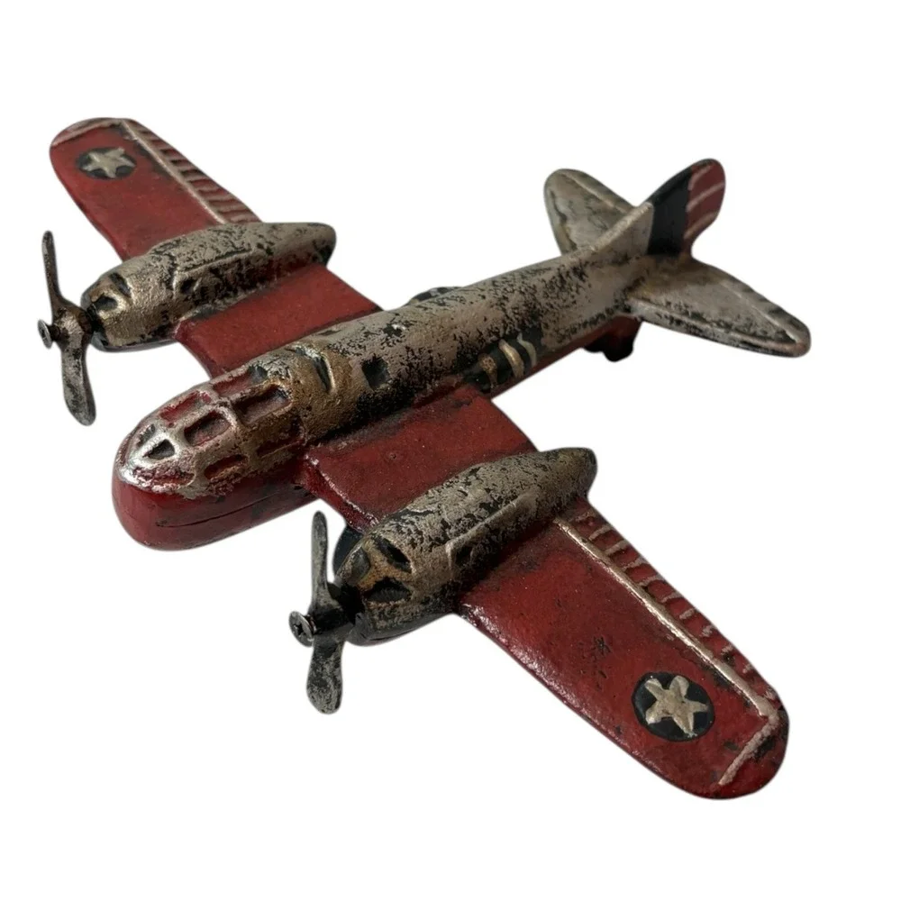 Vintage Cast Iron WWII Toy Airplane Bomber B22 Red Silver Twin Propellers Driven
